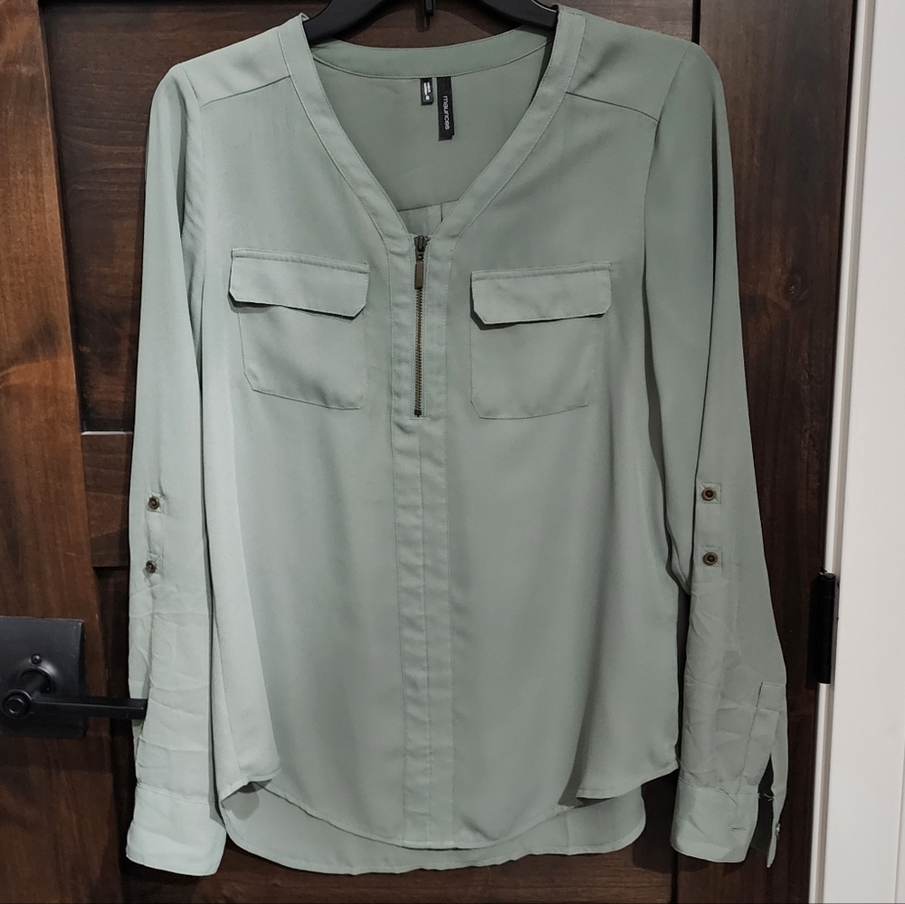 Maurices The Perfect Blouse with Zipper V-neck in Mossy Green